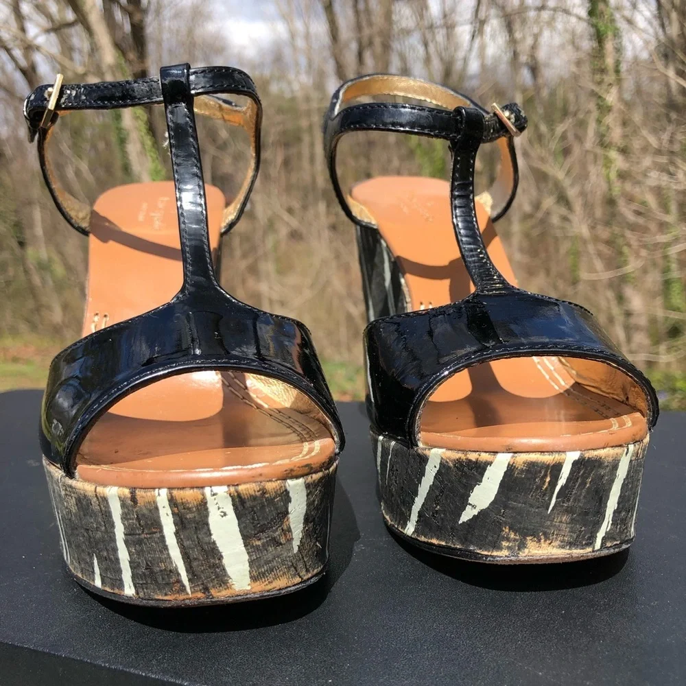 KATE SPADE New York Black Patent Leather Cork Wedge Platform Size 6.5‎ M (b10)
